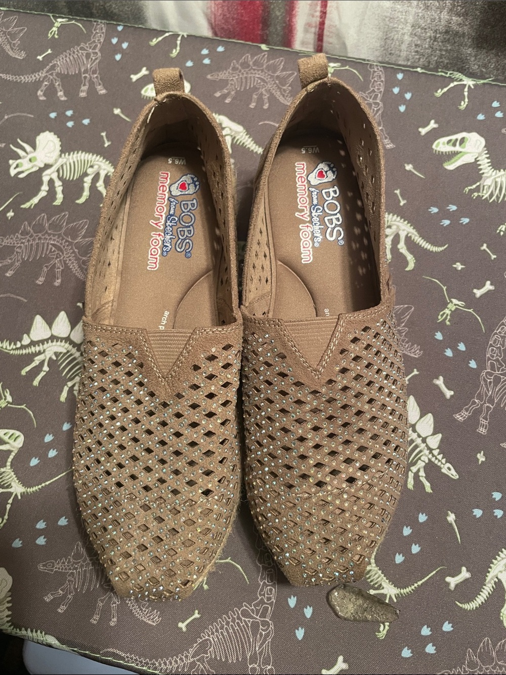 Skechers BOBS Tan Perforated Memory Foam Slip-Ons with Sparkle